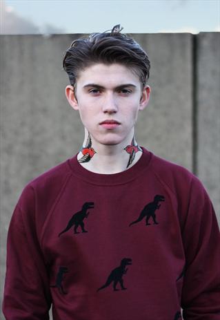 ART DISCO 'LOST WORLD' DINOSAUR T-REX SWEATSHIRT IN BURGUNDY