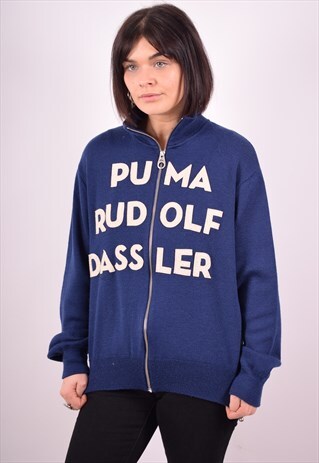 PUMA WOMENS VINTAGE CARDIGAN SWEATER LARGE BLUE 90S