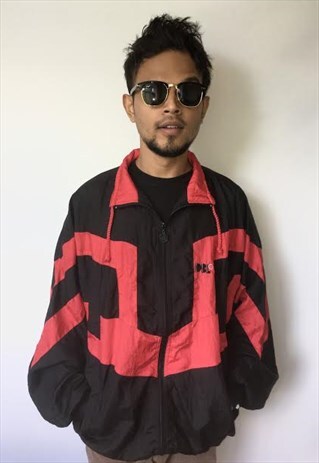 MENS VINTAGE BLACK RED SHELL SUIT FESTIVAL ZIPPER JACKET