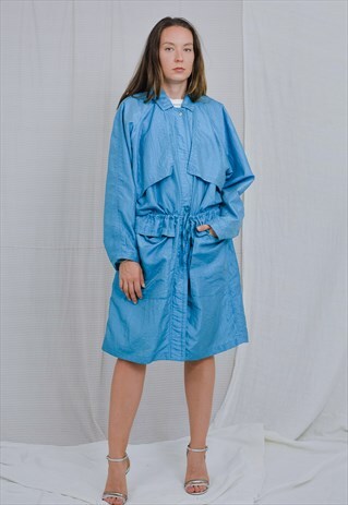 BLUE NYLON COAT VINTAGE 80'S PARKA TIED WAIST OVERSIZED