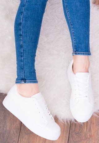 LACE UP FLAT TRAINERS SHOES IN WHITE LEATHER STYLE - PALERMO