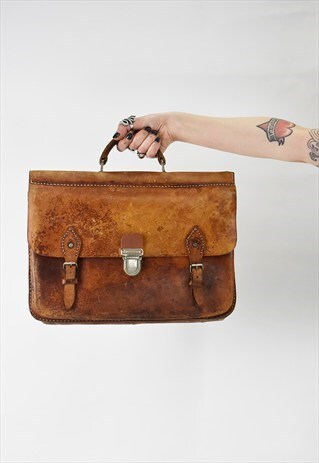 VINTAGE 70S TAN LEATHER BRIEFCASE MESSENGER BAG