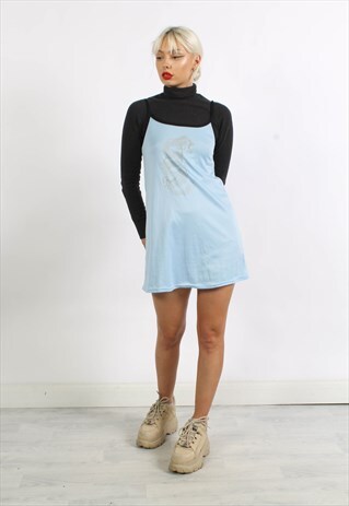 VINTAGE Y2K SLIP DRESS DRAGON PRINT BLUE