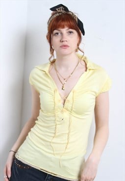 Vintage Y2K Tunic Shirt Top Fitted Yellow 