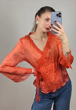 Sheer Chiffon Orange Silky wrap blouse, See through blouse