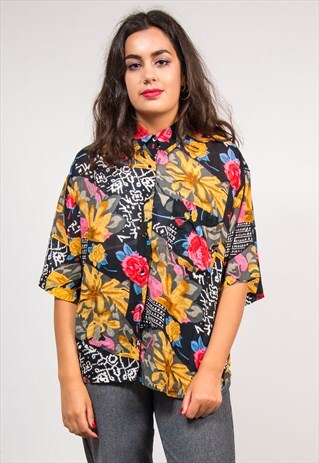 90'S VINTAGE BLACK CRAZY FLORAL PATTERN SHORT SLEEVE SHIRT