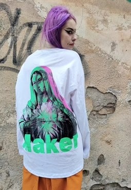 Virgin Mary fluorescent print long tee maker slogan t-shirt