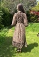 70'S VINTAGE FOLK SMOCK BROWN FLORAL 3/4 LENGTH MIDI DRESS