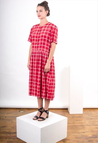PLAID RED DRESS / PLEATED SHIRT SLEEVE DRESS