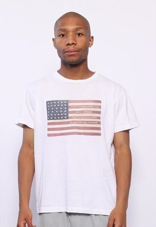 VINTAGE POLO JEANS USA FLAG BIG LOGO T-SHIRT WHITE