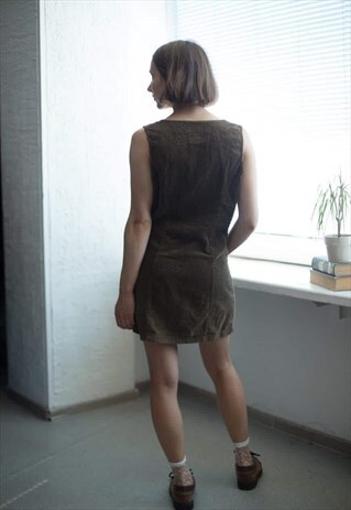 VINTAGE 70'S BROWN CORDUROY SLEEVELESS MINI PINAFORE