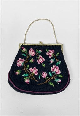 Vintage Ladies 50's Bag Black Tapestry Floral Hand Held