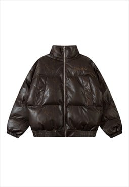 Crushed faux leather bomber utility PU puffer grunge jacket