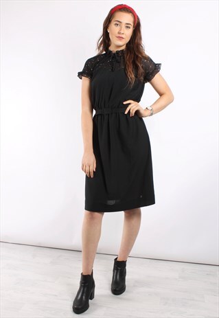VINTAGE 60S BLACK MIDI DRESS WITH METALLIC PATTERN AND BELT