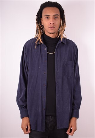 MENS VINTAGE CORDUROY SHIRT LARGE NAVY BLUE 90S