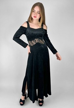 Vintage 80's Black Velvet Open Shoulder Lace Midi Dress