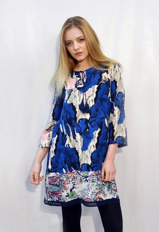 Blue Floral Print Three Quarters Sleeves Holiday dress