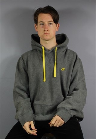 VINTAGE NIKE HOODIE IN GREY WITH POUCH POCKET AND YELLOW EMB