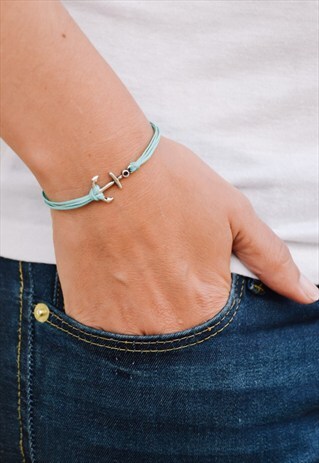 ANCHOR BRACELET, TURQUOISE CORD WITH SILVER ANCHOR CHARM