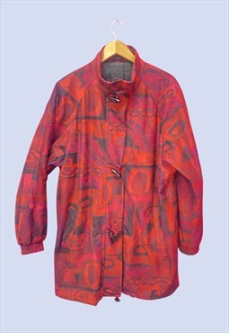 Vintage 80s Duffle Coat Red Pattern High Neck 