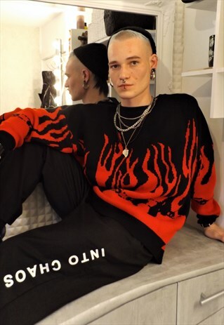 BOX FIT FLAME KNITTED SWEATSHIRT RED FIRE KNITWEAR JUMPER