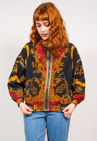 VINTAGE 90'S BLACK CHECKED & GOLD BAROQUE BOMBER JACKET