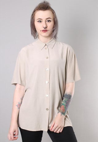 VINTAGE 90S SILK BEIGE SHORT SLEEVE LONG SHIRT