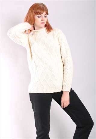 VINTAGE 90S CREAM CABLE KNIT SILK WOOL HIGH NECK JUMPER
