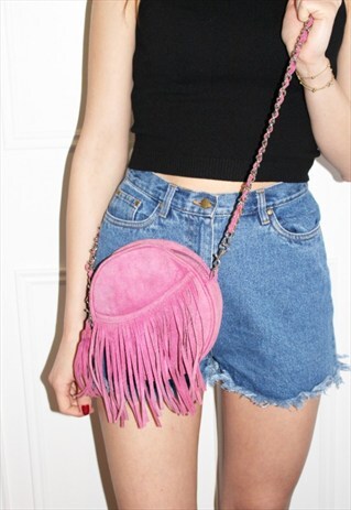 VINTAGE PINK REAL LEATHER FRINGED SHOULDER BAG