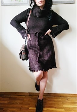 90s brown knitted roll neck mini flare winter dress