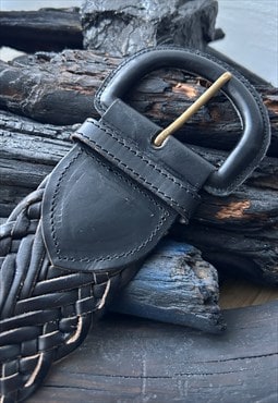 Black Braided Leather Wide Belt 