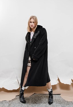 Vintage Faux Fur Collar Wool Women Maxi Coat in Black M