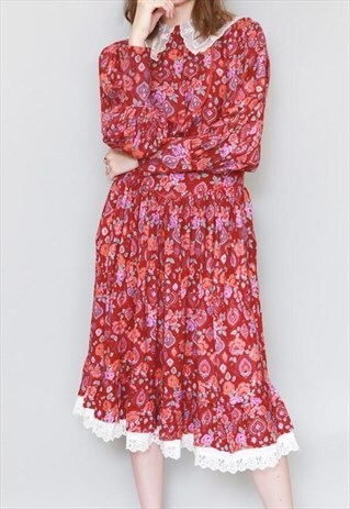 VINTAGE 1960'S MEMO RED AND PURPLE FLORAL PRINT SKIRT CO-ORD