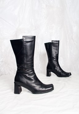 Vintage 90s Square Toe Boots in Black Leather