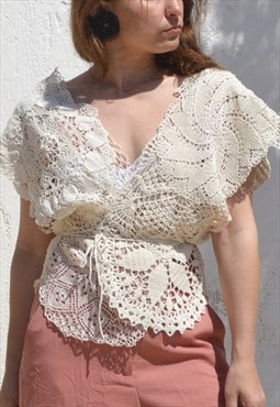 Cream beige handmade crochet applique delicate hollow top