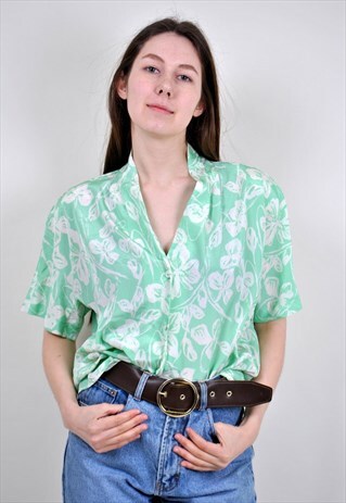 VINTAGE GREEN HAWAII SHIRT, 80S FLOWERS PRINT BLOUSE