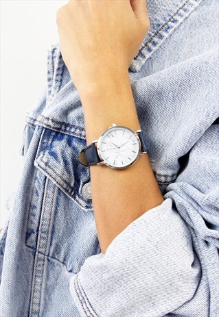 NAVY BLUE & SILVER MARBLE WHITE FACE WATCH