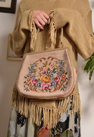 VINTAGE 60S HANDBAG WITH FLORAL CROSS STITCH EMBROIDERY