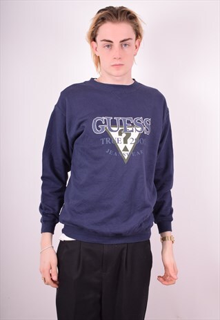 GUESS MENS VINTAGE SWEATSHIRT JUMPER MEDIUM NAVY BLUE 90'S