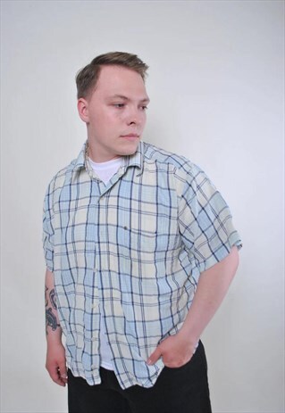 Vintage men blue oversized plaid short sleeve summer shirt 