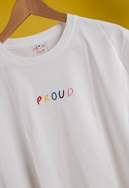ROR White Embroidered Proud Rainbow Text T-Shirt