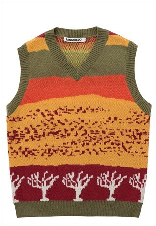 Earth print sweater vest sleeveless knitted tank top green