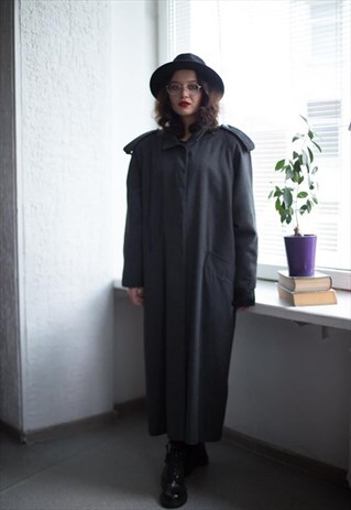 VINTAGE 80'S MAXI GREY HIDDEN BUTTONS FASTENING COAT