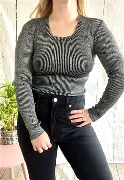 Vintage Silver Glitter Ribbed Long Sleeved 80's Top