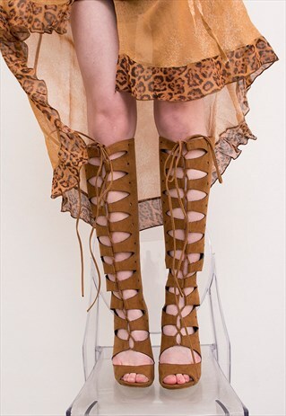 VINTAGE KNEE HIGH BOOTS HIGH HEEL BROWN PEEP TOE TIE