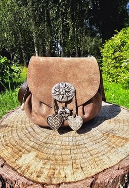 Retro 90s brown folk faux suede small crossbody bag