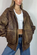 Vintage 90s Distressed Leather Bomber Jacket Brown Grunge