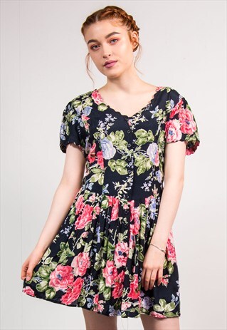 VINTAGE 90'S BLACK FLORAL PATTERN SCALLOP NECK MINI DRESS
