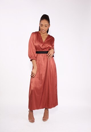 BURNT ORANGE TIE WAIST PLEATED MAXI DRESS