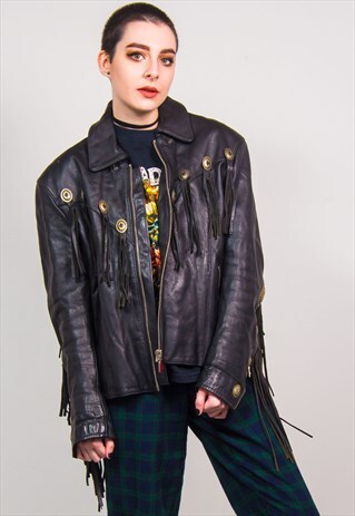 VINTAGE BLACK HEAVY LEATHER BIKER TASSEL JACKET